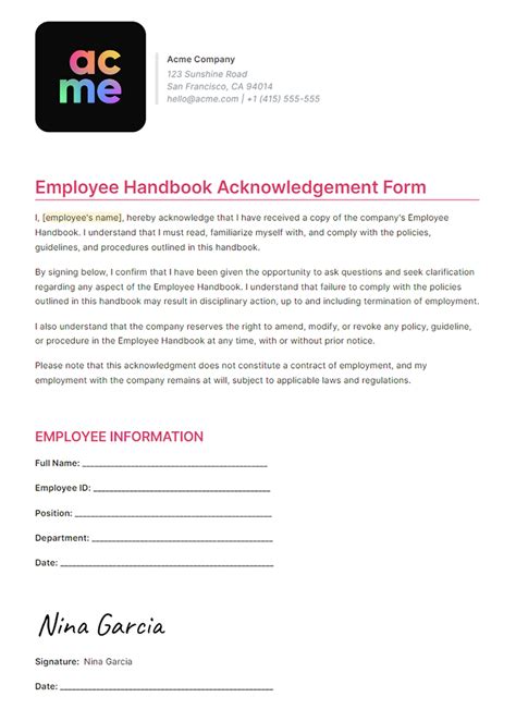 employee handbook acknowledgment form|Employee Handbook Acknowledgement Form.